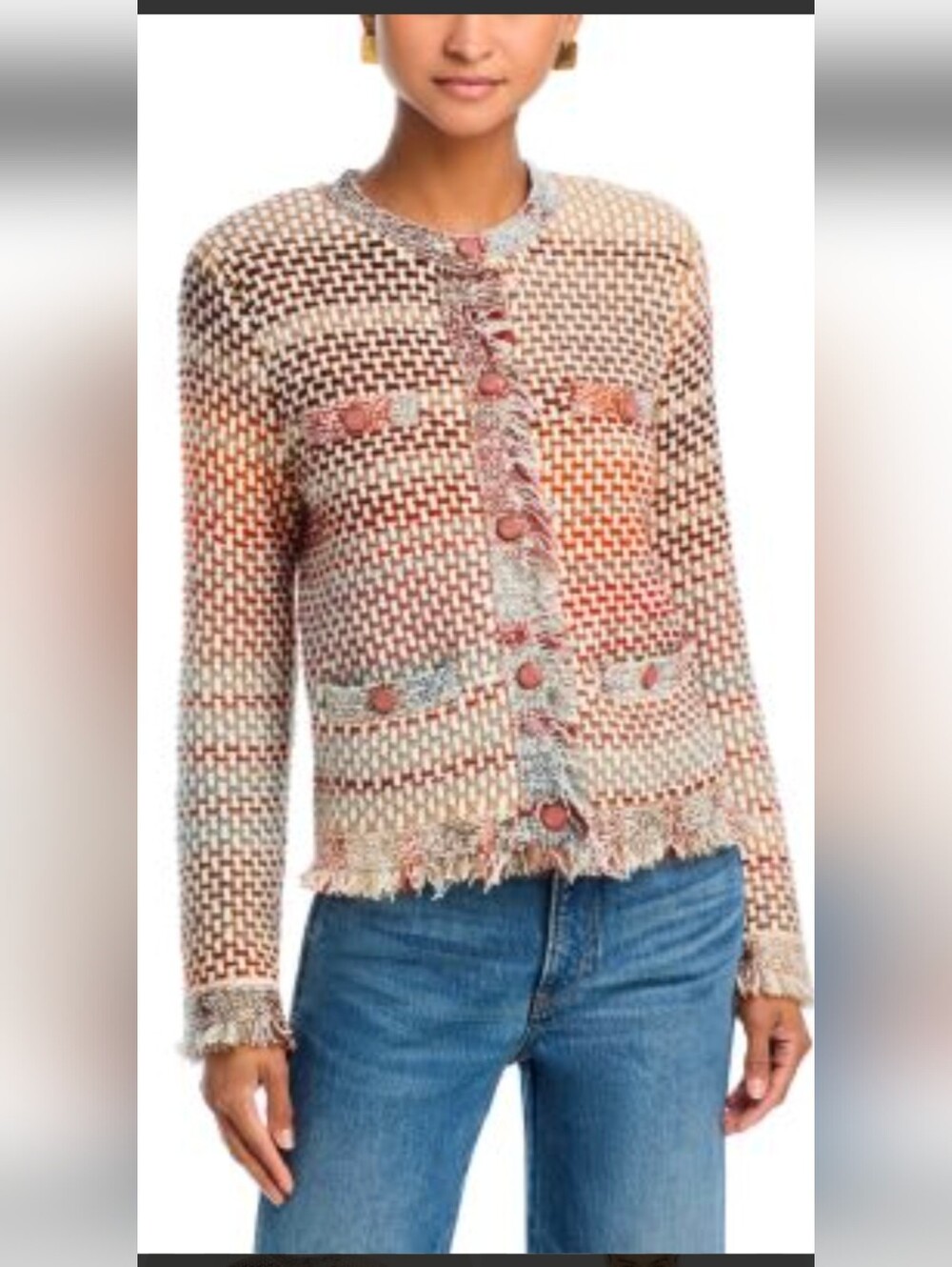 VERONICA BEARD Sariyah Tweed Fringe-Trim Knit Sweater Jacket Small
